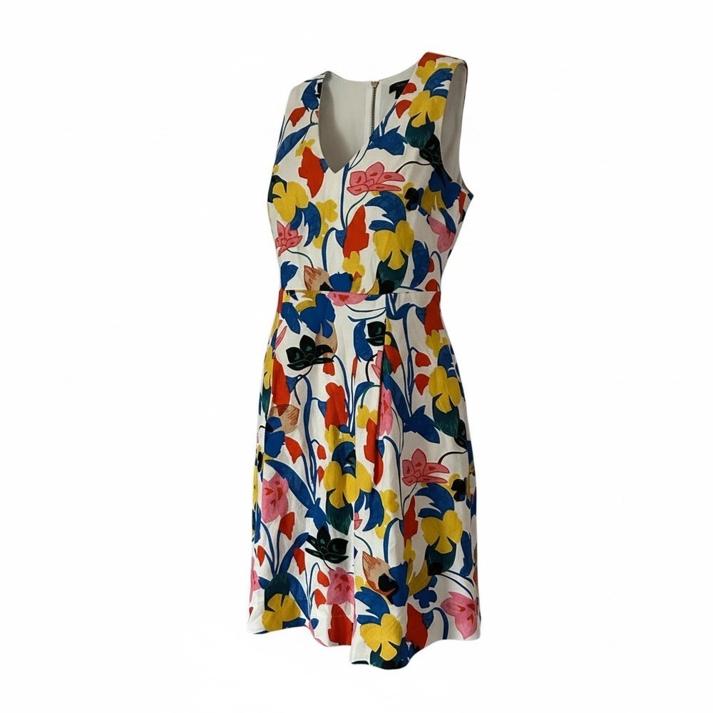 J.Crew Womens Floral V-Neck Fit & Flare Dress White Blue Yellow Red Size 12